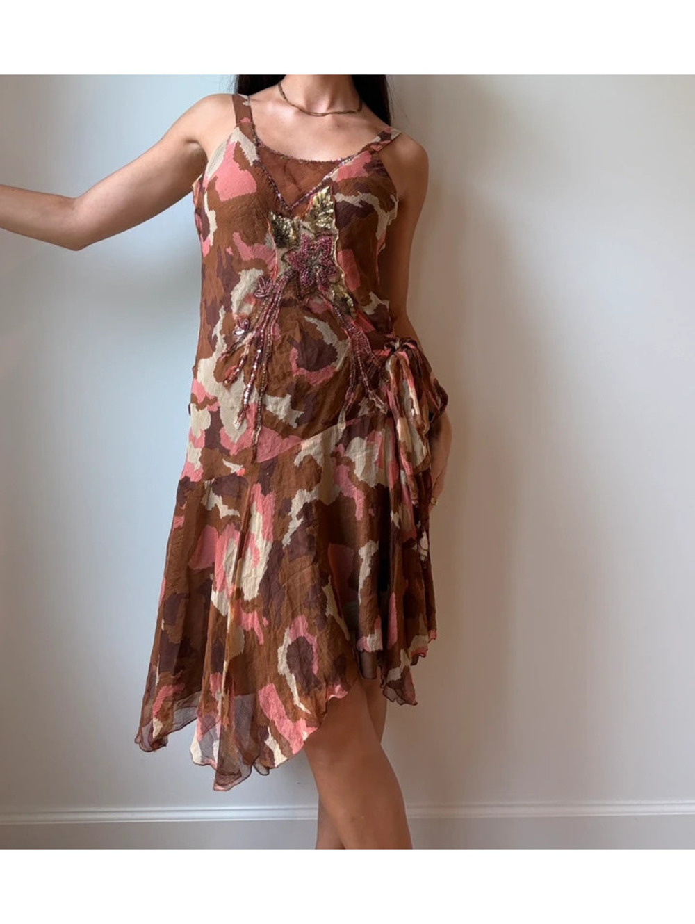René Derhy Y2K Camo Print Slip Dress Sequin Beaded Star Fairy Handkerchief Hem
